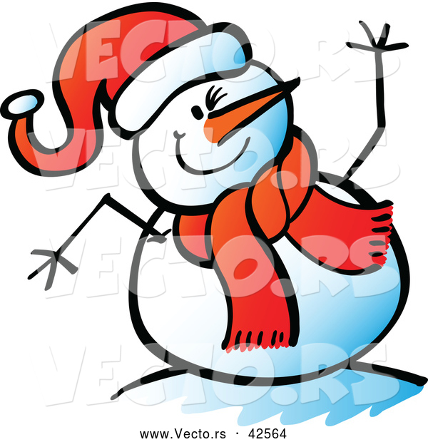 Vector of a Smiling Cartoon Snowman Waving Hello While Winking