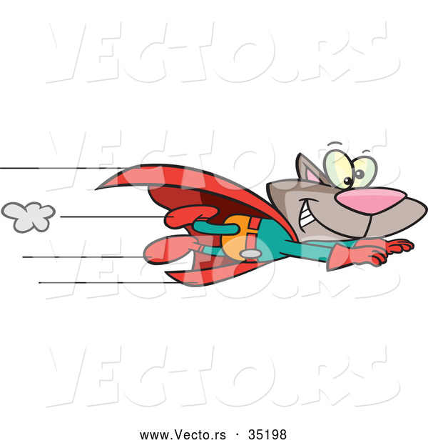 Vector of a Smiling Cartoon Super Cat Flying Fast with a Red Cape