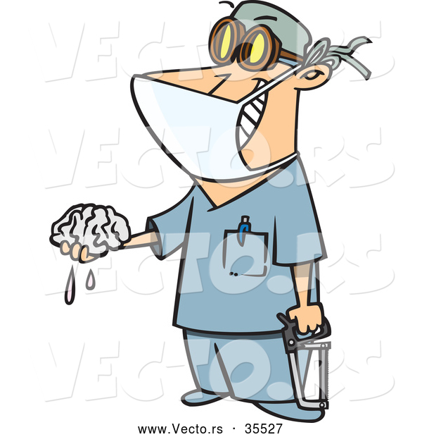 Vector of a Smiling Cartoon Surgeon Holding a Saw and Brain Dripping Fluid