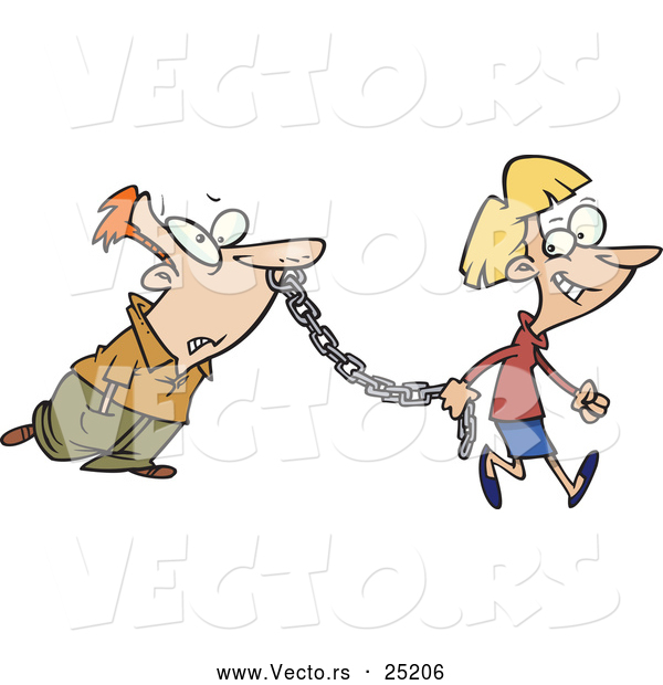 Vector of a Smiling Cartoon Woman Walking Her Man with a Metal Chain Attached to His Nose