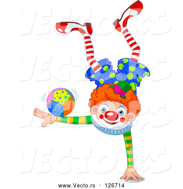Vector of a Smiling Clown Balanced on One Hand While Doing Tricks with a Ball on the Other