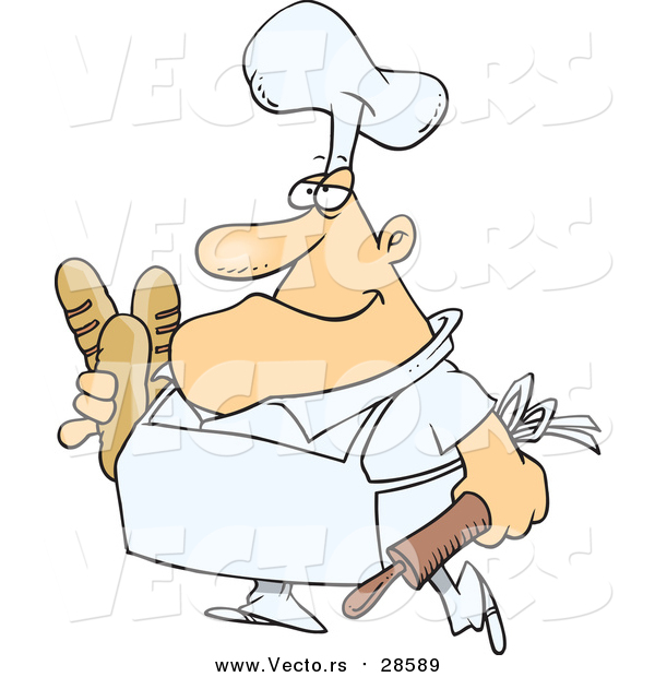 Vector of a Smiling Fat Male Baker Carrying Bread Loaves - Cartoon Stryle