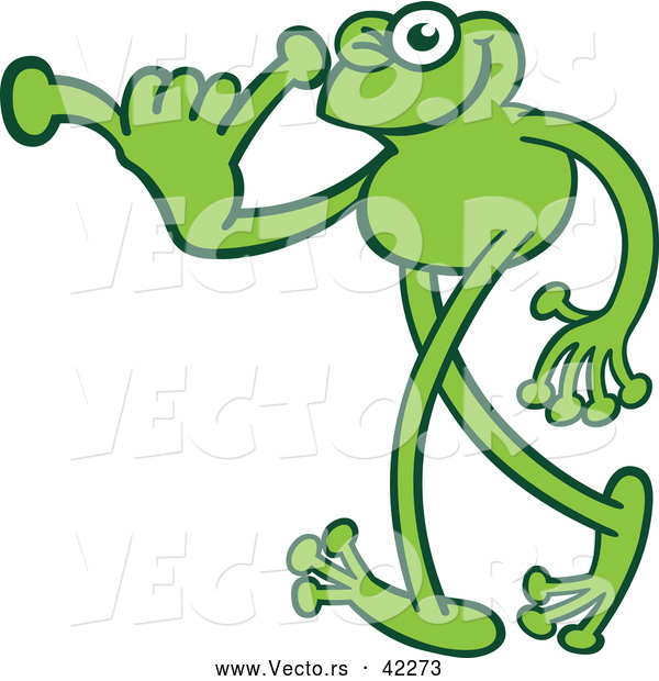 Vector of a Smiling Green Cartoon Frog Walking While Gesturing Shaka Hand Sign