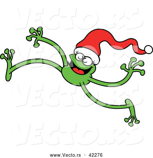 Vector of a Smiling Long-Legged Cartoon Green Frog Walking Forward While Wearing a Santa Hat