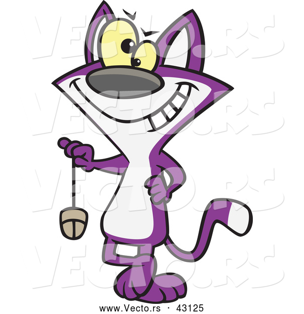 Vector of a Smiling Purple Cartoon Cat Swinging a Computer Mouse