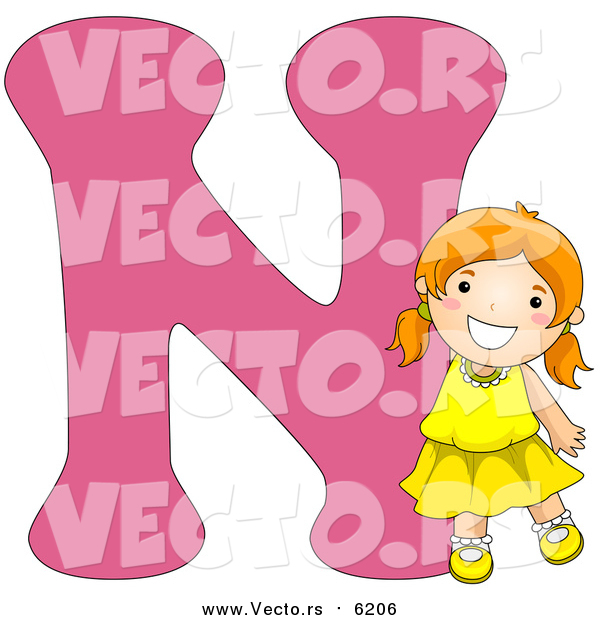 Vector of a Smiling Young Girl Beside Alphabet Letter N