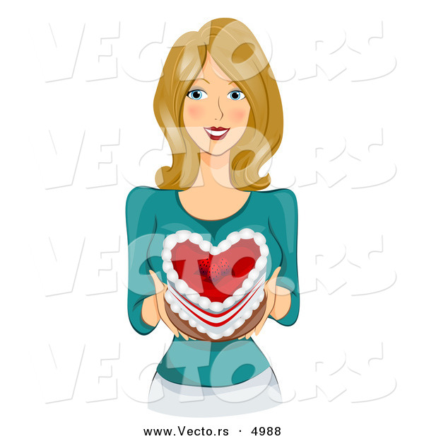 Vector of a Smiling Young Lady Holding a Valentine Love Heart Cake