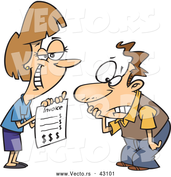 Vector of a Smirking Cartoon Businesswoman Presenting an Upsetting Invoice to a Man