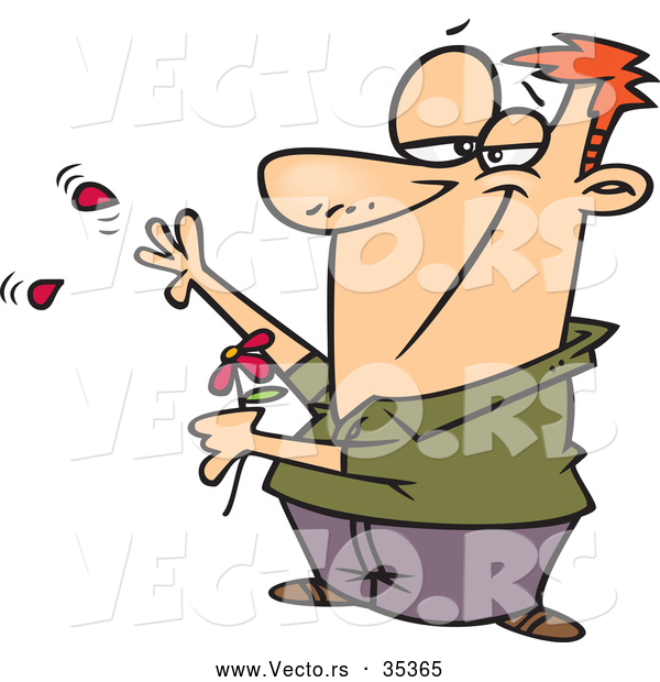 Vector of a Smirking Cartoon Man Playing She Loves Me with Red Flower Petals
