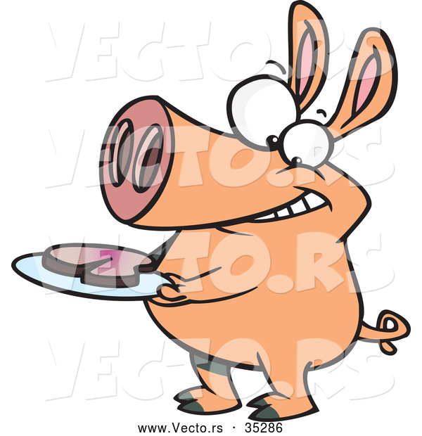 Vector of a Smirking Cartoon Pig Holding a Slice of Ham on a Plate