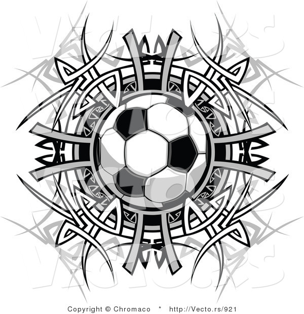 Vector of a Soccer Ball Centered Within a Tribal Circle - Black and White Version