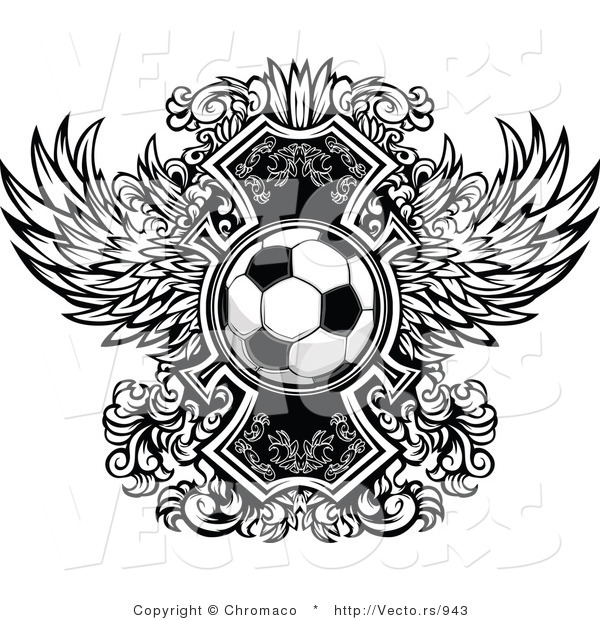 Vector of a Soccer Ball over Ornate Wings Icon - Black and White Version