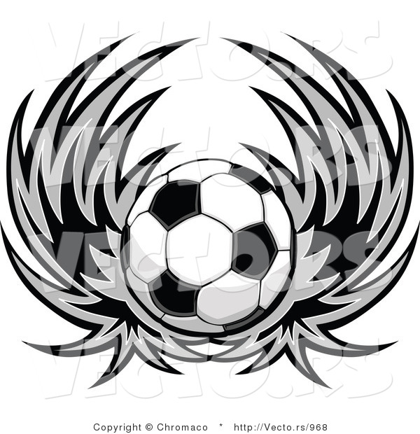 Vector of a Soccer Ball with Wings - Black and White Version
