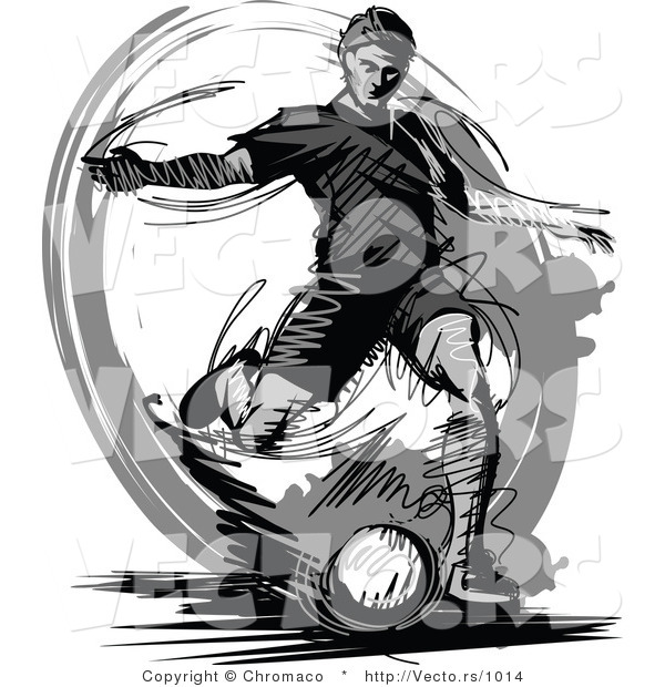 Vector of a Soccer Player Kicking Ball - Grayscale