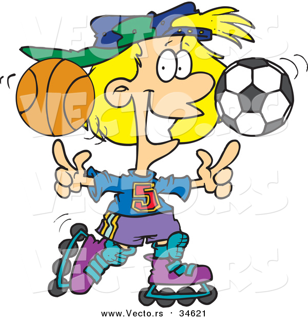 Vector of a Sporty Girl Roller Blading with a Basketball and Soccer Ball