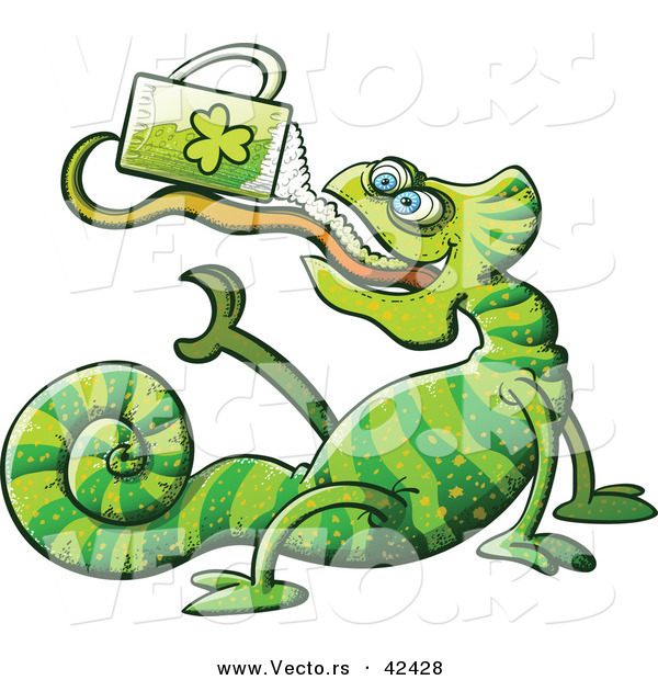 Vector of a St. Patrick's Day Cartoon Chameleon Drinking Beer from Clover Mug