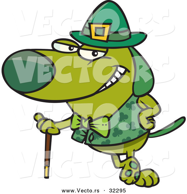 Vector of a St. Patrick's Day Cartoon Dog Leaning Against His Cane While Grinning