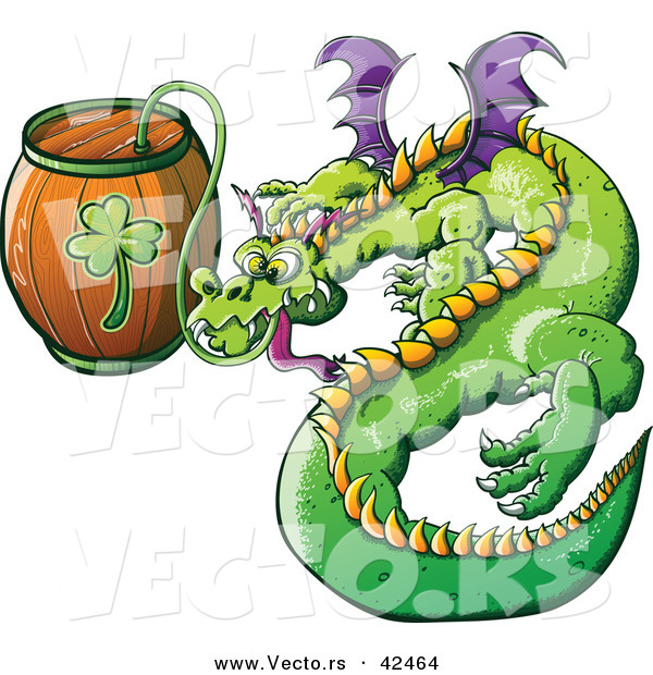 Vector of a St. Patrick's Day Cartoon Dragon Drinking Beer from Clover Keg