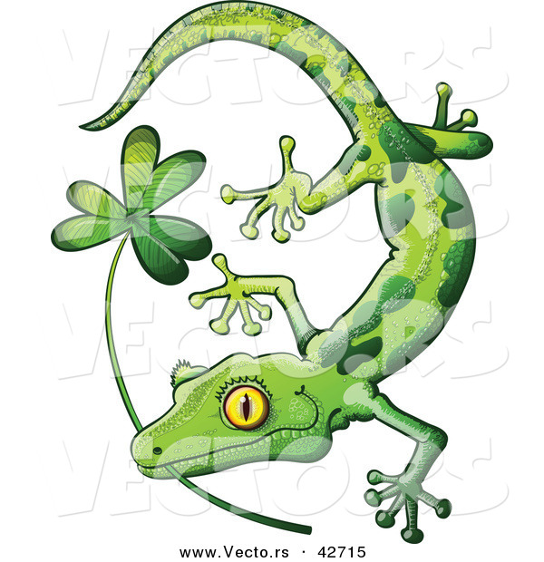 Vector of a St. Patrick's Day Cartoon Gecko Biting Clover Stem