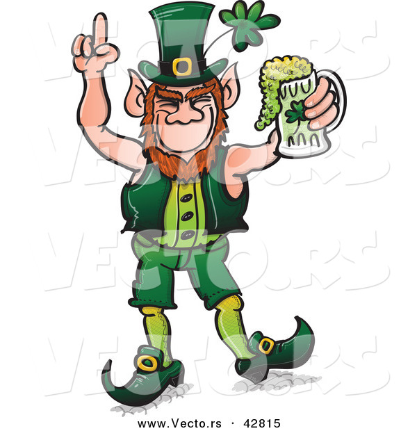 Vector of a St. Patrick's Day Cartoon Leprechaun Celebrating with Full Mug of Beer