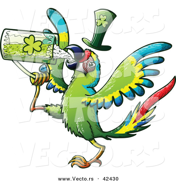 Vector of a St. Patrick's Day Cartoon Macaw Parrot Bird Drinking Beer from Clover Mug