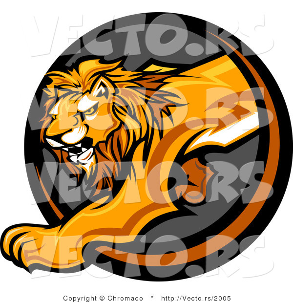 Vector of a Stalking Lion Mascot Stepping out from a Dark Circle Cave Icon