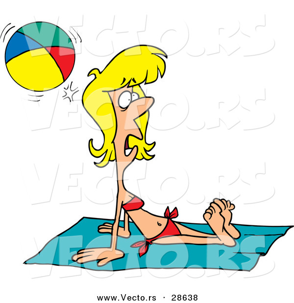 Vector of a Startled Cartoon Girl Getting Hit by a Beach Ball While Laying on a Towel Sun Bathing