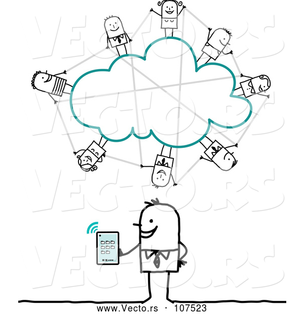 Vector of a Stick Business Man Social Networking on a Cloud with Tablet Computer