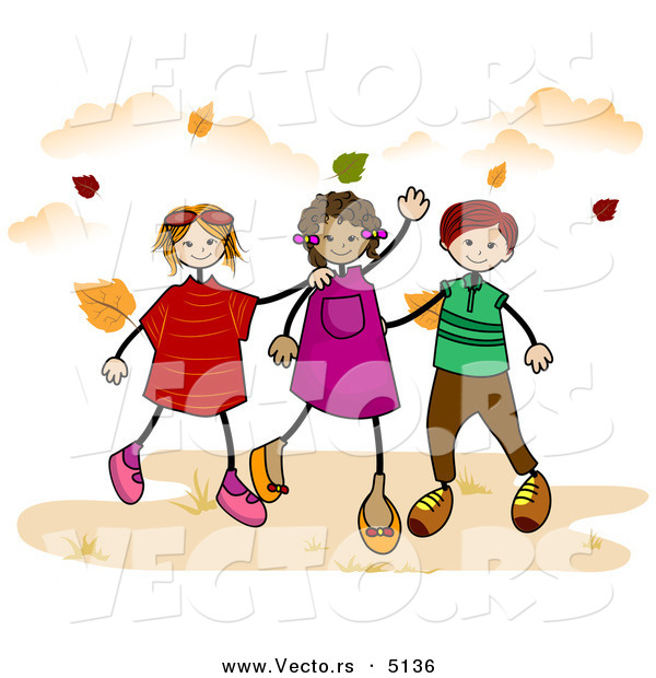 Vector of a Stick Figure Boy and Girls Walking in Through Falling Autumn Leaves