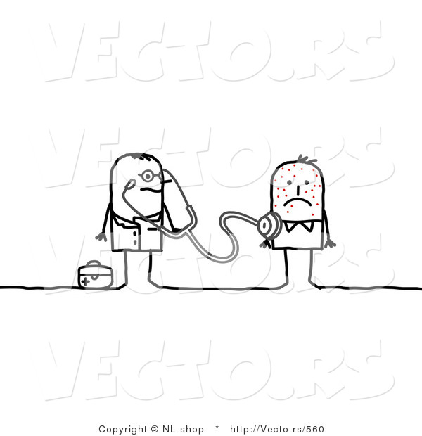 Vector of a Stick Figure Doctor Listening to Sick Patient with a Stethoscope