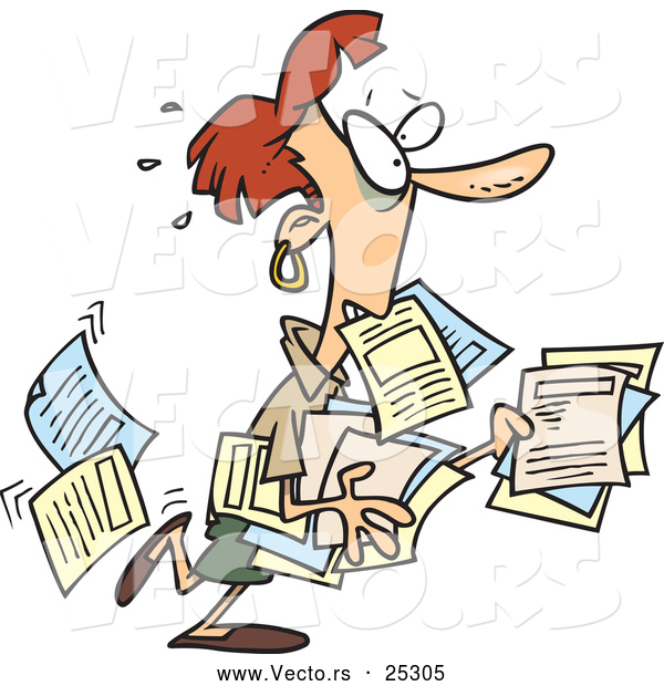 Vector of a Stressed Cartoon Businesswoman Trying to Carry Lots of Office Documents