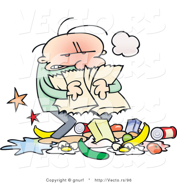 Vector of a Stressed Cartoon Man Carrying a Ripped Grocery Bag While the Food Falls out the Bottom