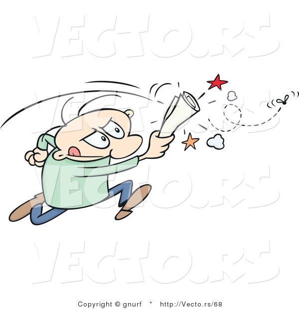 Vector of a Stressed Cartoon Man Chasing an Annoying House Fly