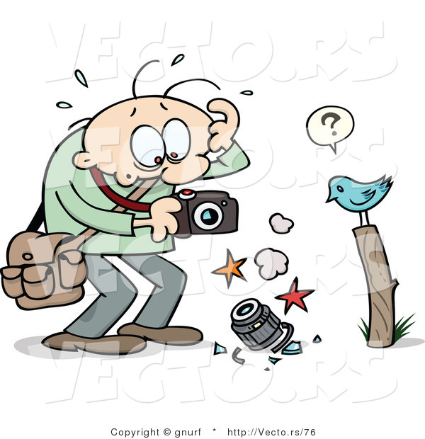 Vector of a Stressed Cartoon Man Holding a Broken Camera Beside a Bird on a Post