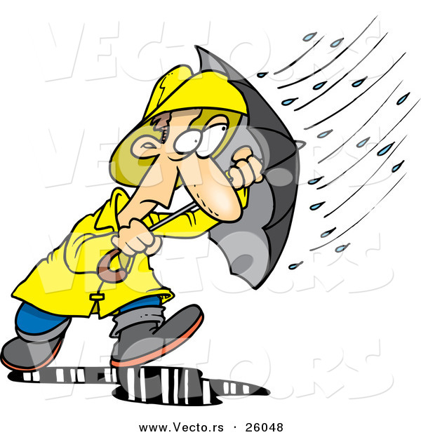 Vector of a Stressed Cartoon Man Walking Through a Nasty Rain Storm with an Umbrella