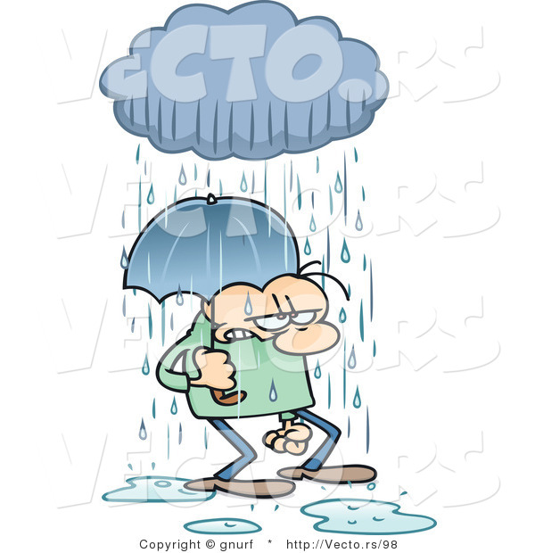 Vector of a Stressed Cartoon Man Walking Under an Umbrella and Rain Cloud