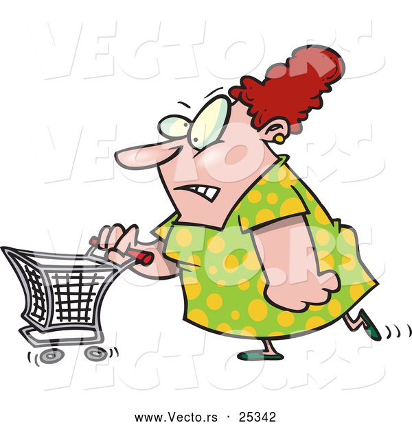 Vector of a Stressed Cartoon Woman Pushing a Shopping Cart While Grinning