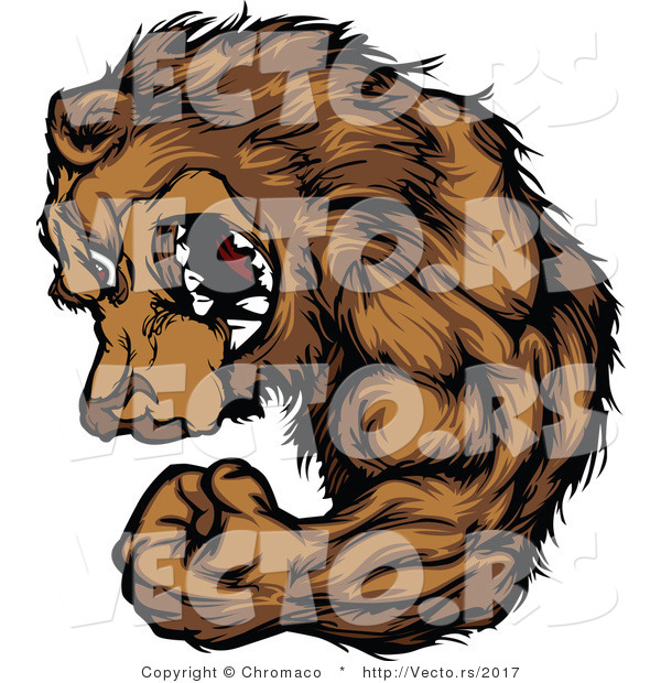 Vector of a Strong Cartoon Alpha Bear Mascot Flexing Arm Muscles While Grinning and Staring with Intimidating Eyes