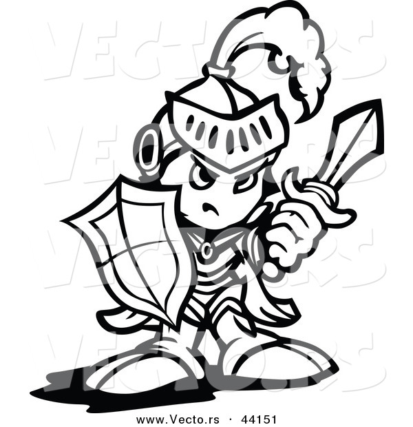 Vector of a Strong Cartoon Knight Holding up a Shield and a Sword - Coloring Page Outline Version