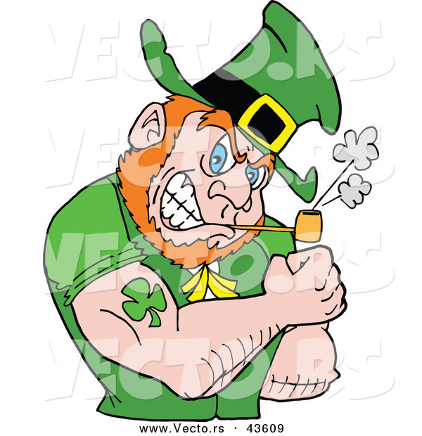 Vector of a Strong Cartoon Leprechaun Smoking a Pipe While Flexing His Big Tattooed Arm Muscles