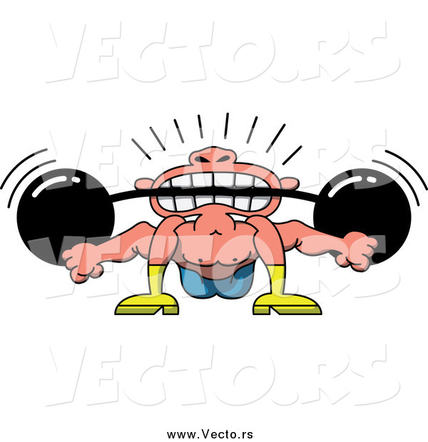 Vector of a Strong Man Contorting His Body and Holding a Barbell in His Teeth