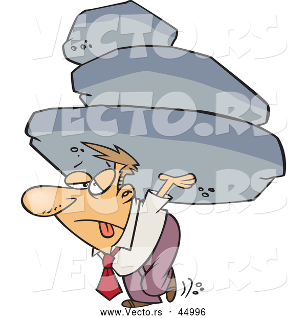 Vector of a Struggling Cartoon Businessman Carrying Heavy Boulders