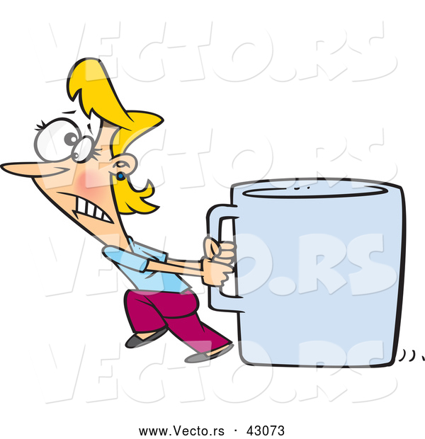 Vector of a Struggling Cartoon Woman Pulling an Oversized Coffee Mug