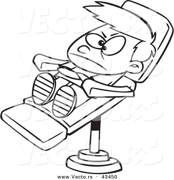 Vector of a Stubborn Cartoon Boy in a Dentist Chair - Coloring Page Outline