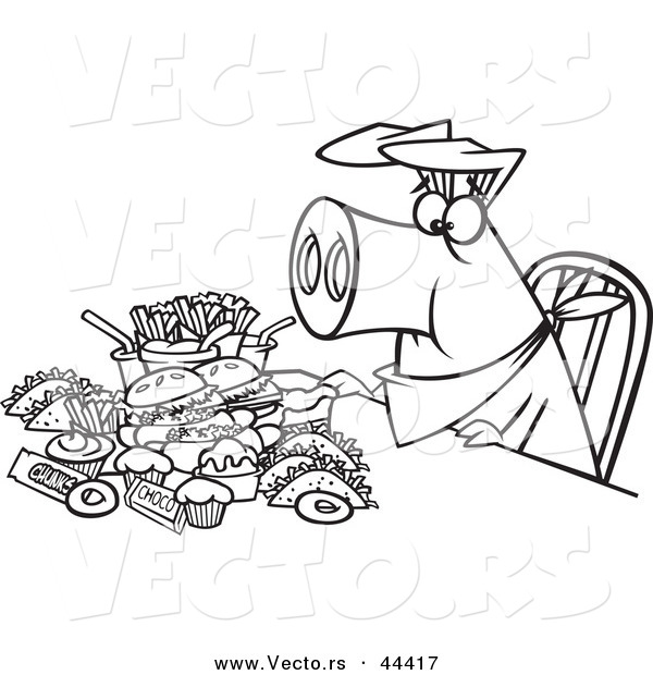 Vector of a Stuffed Cartoon Pigging out Hog with Junk Food - Coloring Page Outline