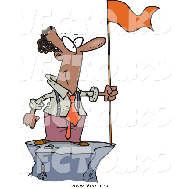 Vector of a Successful Black Business Man Standing on a Mountain Top with a Red Flag