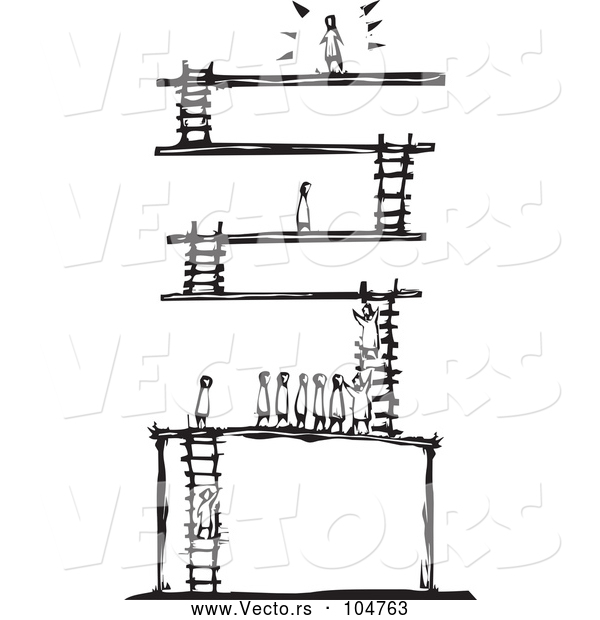 Vector of a Successful Person at the Top of a Ladder Game - Black Lineart Woodcut Theme