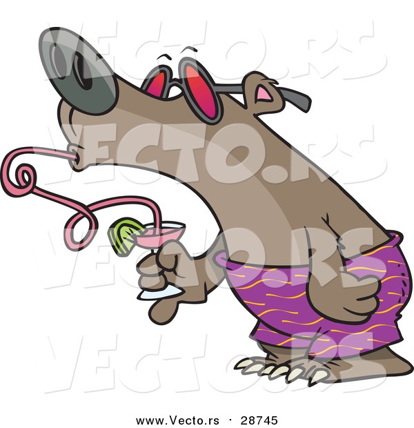 Vector of a Summer Bear Drinking a Beverage Through a Twisty Straw