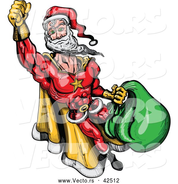 Vector of a Super Cartoon Santa Flying with Bag Full of Presents