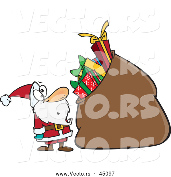 Vector of a Surprised Cartoon Santa Staring at His Oversized Bag of Presents